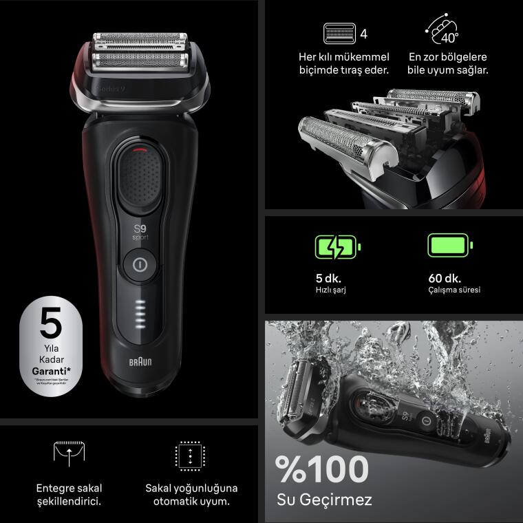 Braun Series 9 Sport Elektrikli Tıraş Makinesi, Islak ve Kuru, 60 dakikaya kadar, 9110s - 4