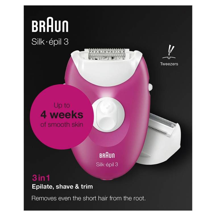Braun Silk-épil 3 3276 Smartlight, 2'si 1 Arada Kablolu Epilatör / Ahududu Pembe - 7