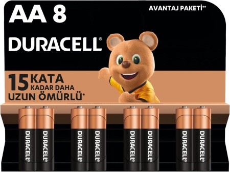 Duracell Alkalin AA Kalem Pil, 1,5 V LR6/MN1500, 8'li Paket - Thumbnail