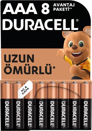 Duracell - Duracell Alkalin AAA İnce Kalem Pil 1,5V (LR03 / MN2400), 8'li Paket