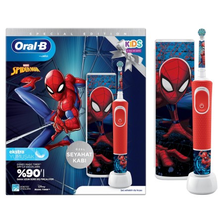 Oral-B - Oral-B D100 Vitality Spiderman Özel Seri Çocuklar İçin Ekstra Yumuşak Şarj Edilebilir Diş Fırçası + Seyahat Kabı 