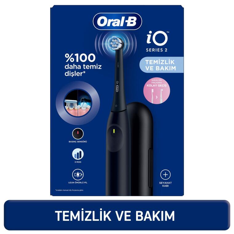 Oral-B iO2 Siyah Şarjlı/Elektrikli Diş Fırçası, 1 Fırça Başlığı, Tek Şarjda 4 Haftaya Varan Kullanım, Seyahat Kabı - 1