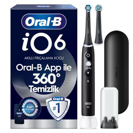 Oral-B iO6 Siyah Şarjlı/Elektrikli Diş Fırçası, 2 Fırça Başlığı, Uzun Ömürlü Pil, Premium Seyahat Kabı