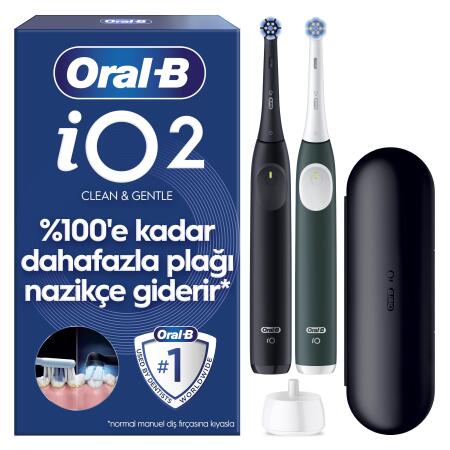 Oral-B iO2 Şarjlı/Elektrikli Diş Fırçası, 2'li Set, Siyah & Orman Yeşili, 2 Fırça Başlığı, Seyahat Kabı