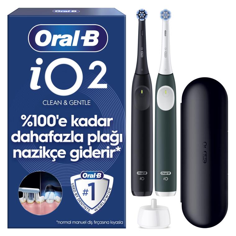 Oral-B iO2 Şarjlı/Elektrikli Diş Fırçası, 2'li Set, Siyah & Orman Yeşili, 2 Fırça Başlığı, Seyahat Kabı - 1